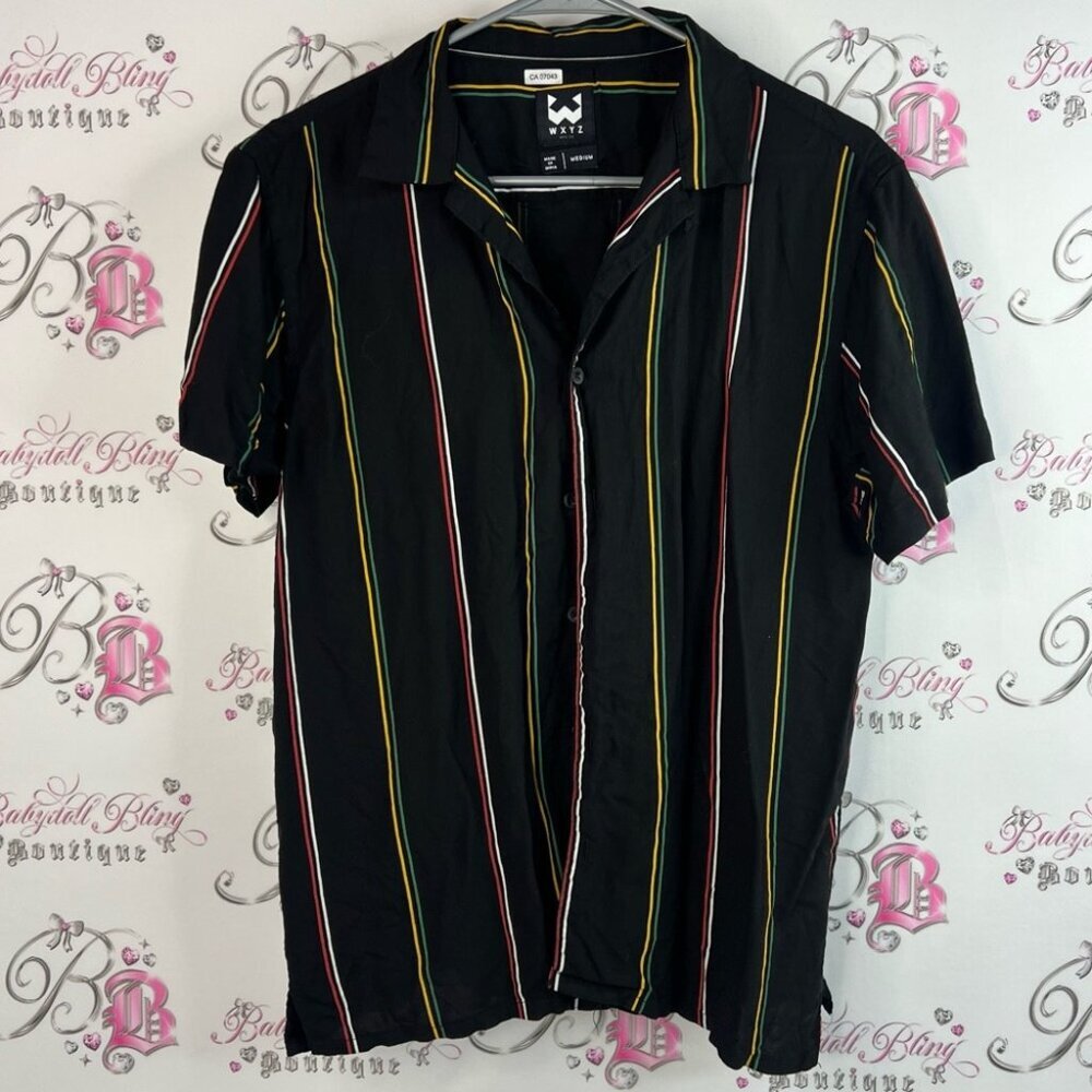 Wxyz button up tshirt collared preppy Black Striped Casual Button Down Shirt